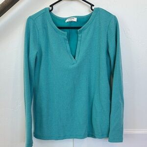 Zenana Turquoise V-neck Waffle Knit Long Sleeve Top